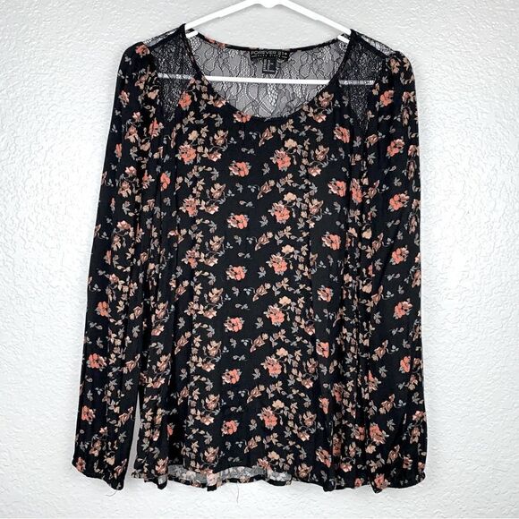 Forever 21+ Womens Floral Print Round Neck Long Sleeve Pullover Top Black XL - Picture 1 of 8